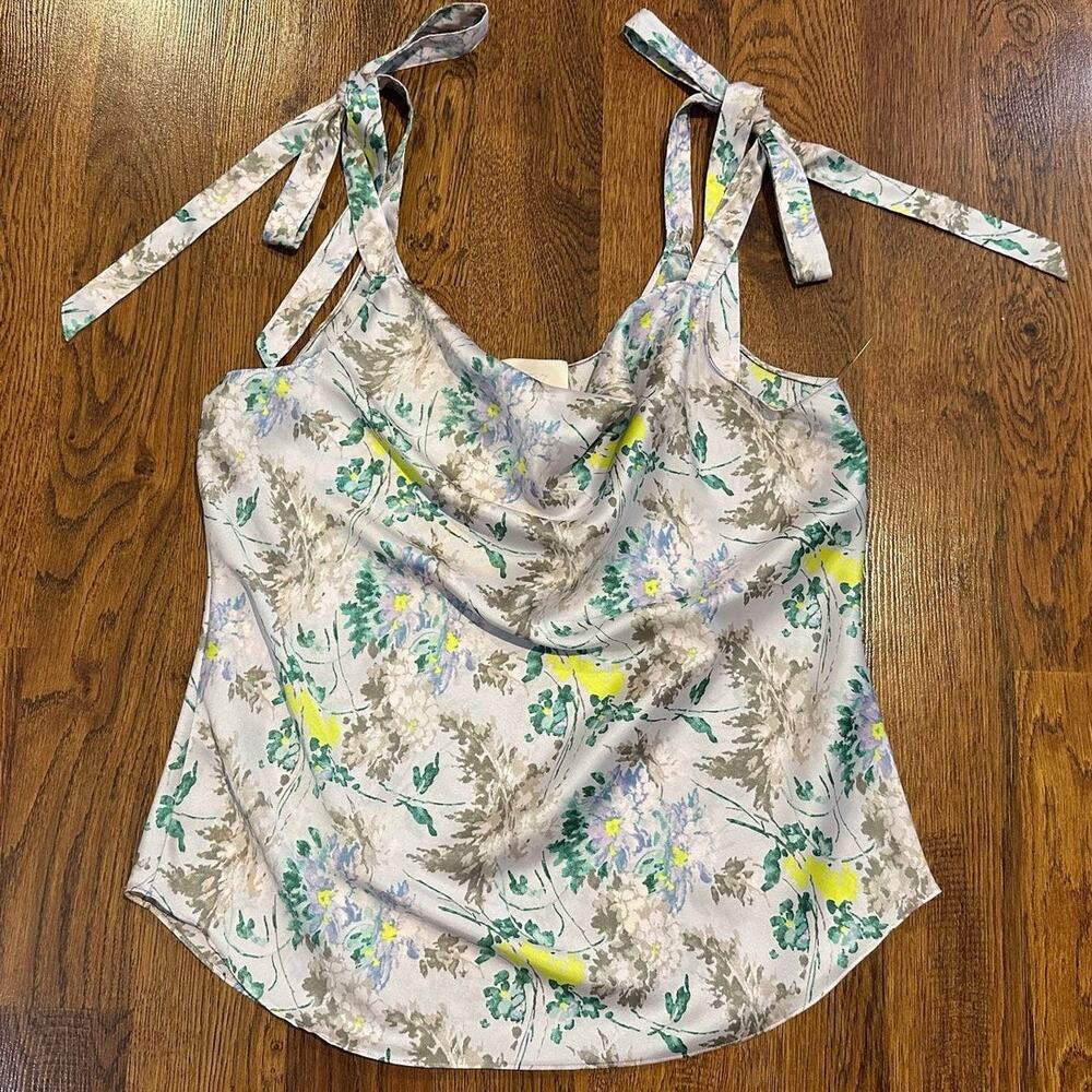 Cinq à Sept Marta Floral Cami Women’s Large Violet Cowl Neck Tie Strap Top